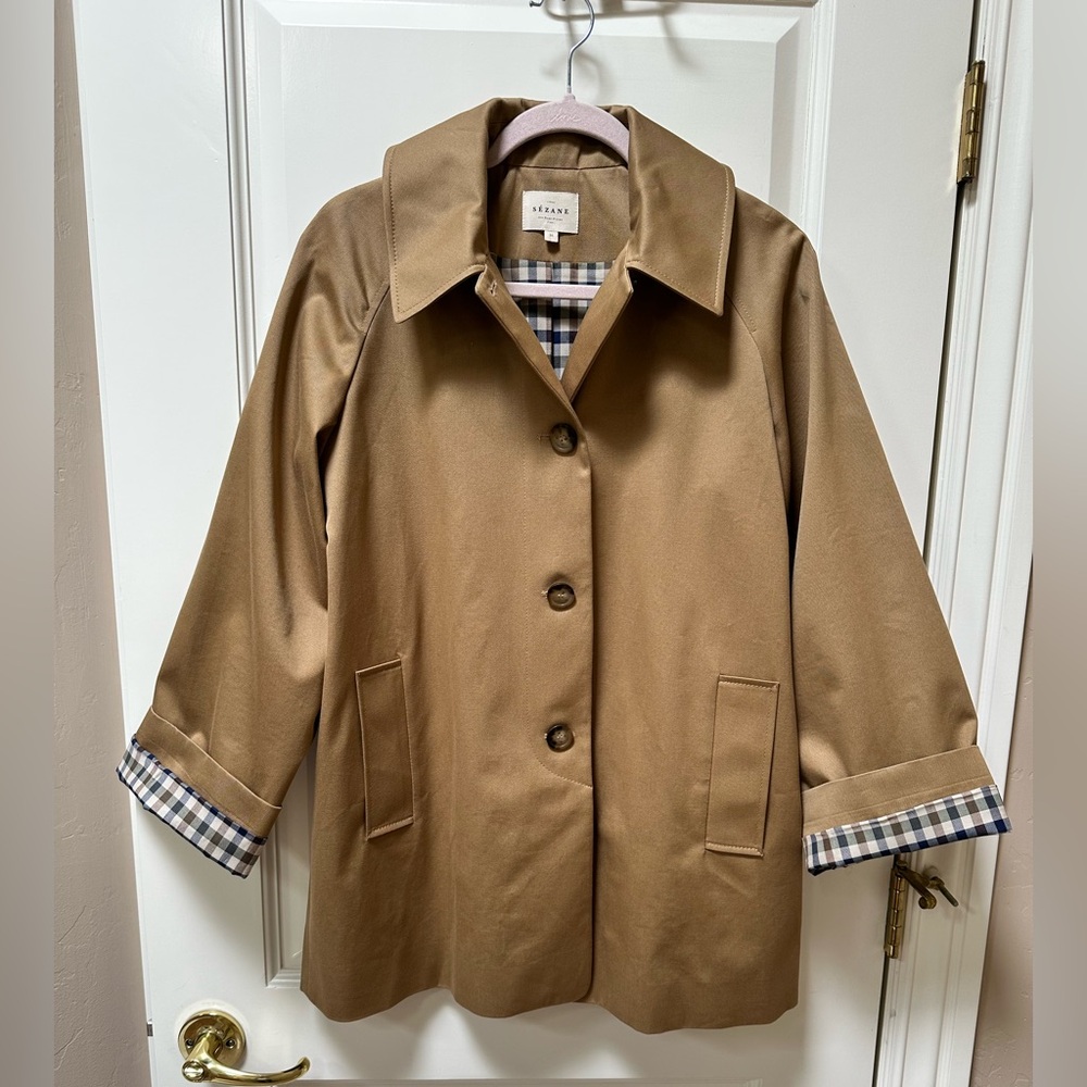 Sezane Carter Trench Coat with Plaid Lining